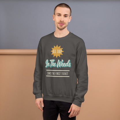 In The Weeds line cook retro diner service sign crewneck sweatshirt — Charcoal, on model