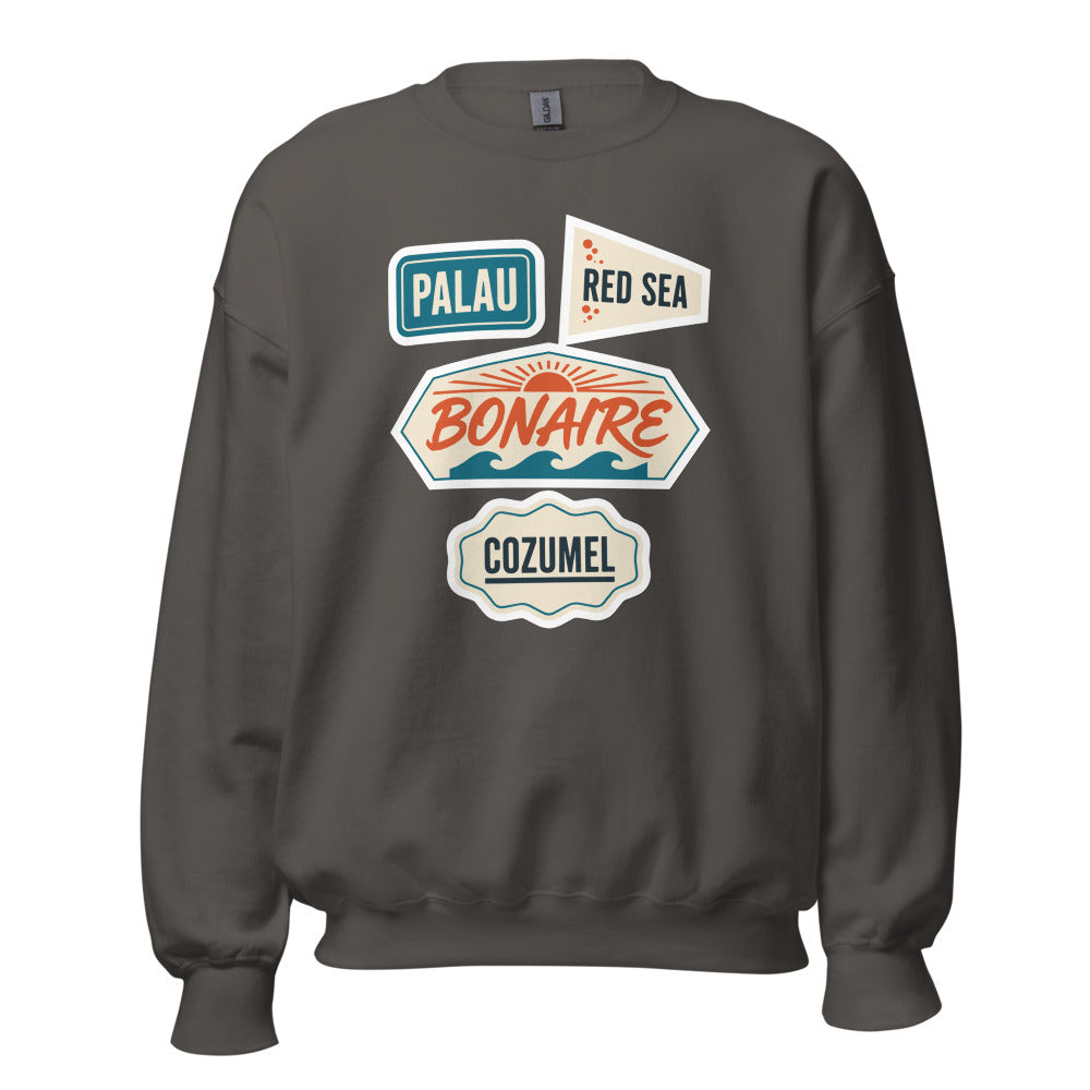 Vintage scuba diving dive sites travel decal sweatshirt — Charcoal, front