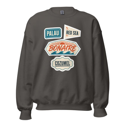 Vintage scuba diving dive sites travel decal sweatshirt — Charcoal, front
