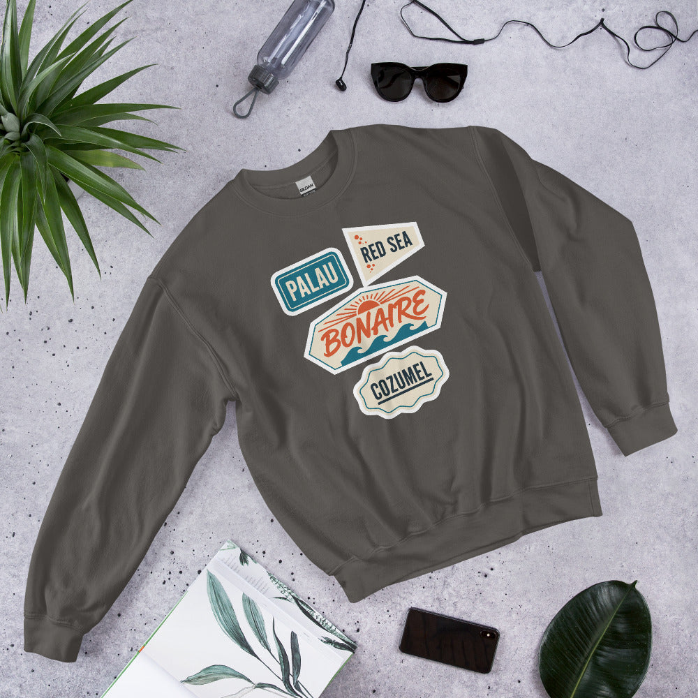 Vintage scuba diving dive sites travel decal sweatshirt — Charcoal, flat lay
