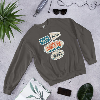 Vintage scuba diving dive sites travel decal sweatshirt — Charcoal, flat lay
