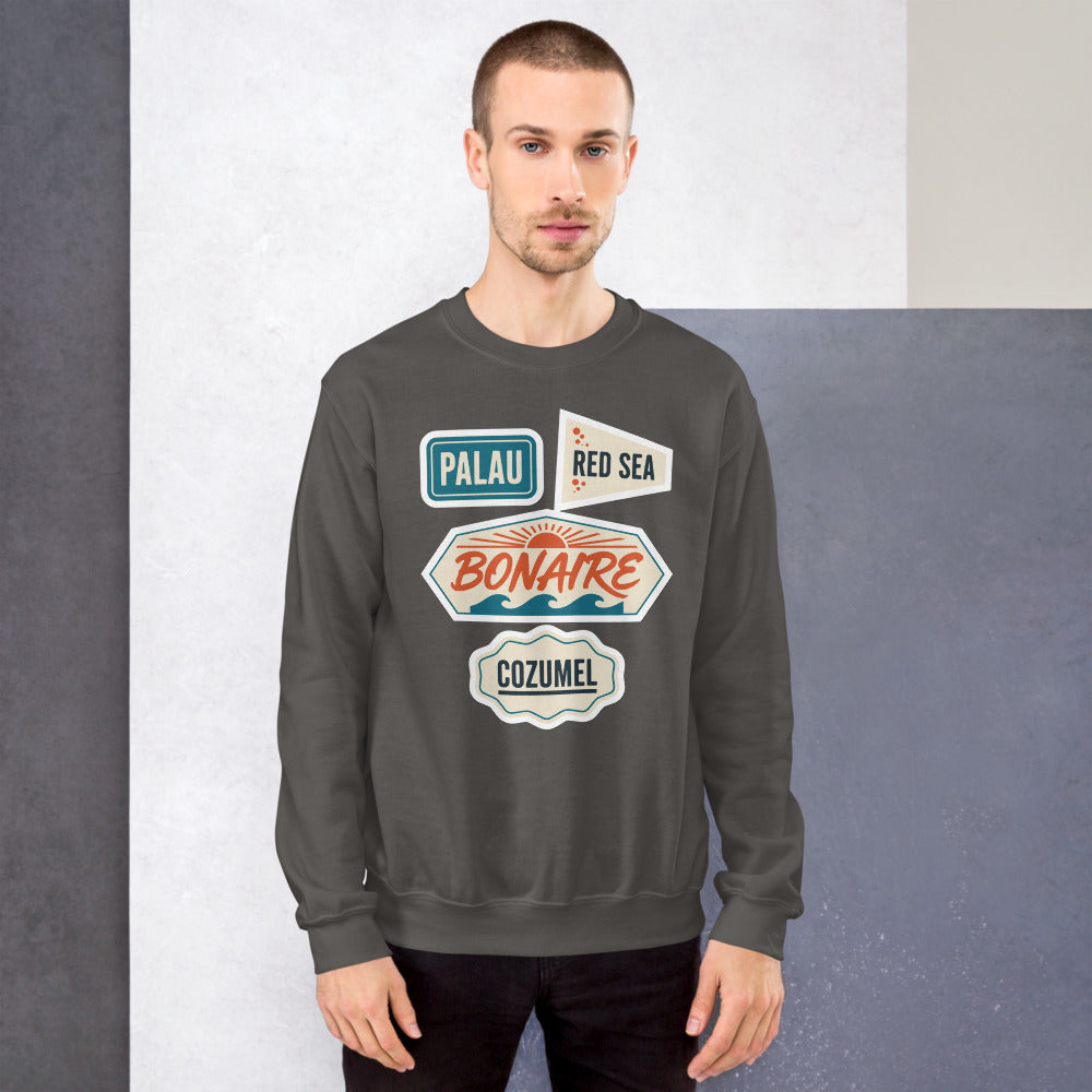Vintage scuba diving dive sites travel decal sweatshirt — Charcoal, on model