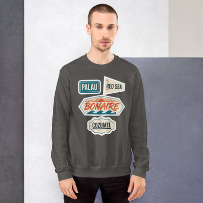 Vintage scuba diving dive sites travel decal sweatshirt — Charcoal, on model