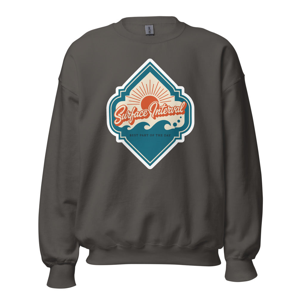 Surface Interval vintage scuba diving travel decal sweatshirt — Charcoal, front