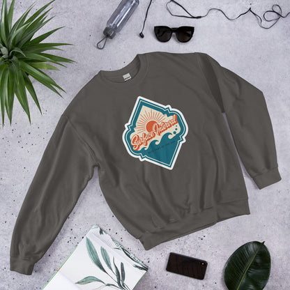 Surface Interval vintage scuba diving travel decal sweatshirt — Charcoal, flat lay