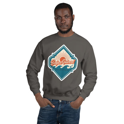 Surface Interval vintage scuba diving travel decal sweatshirt — Charcoal, on model