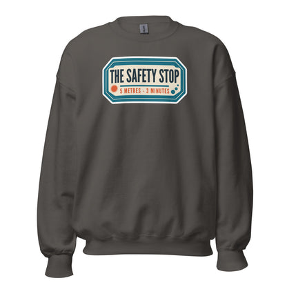 The Safety Stop vintage scuba diving travel decal sweatshirt — Charcoal, front