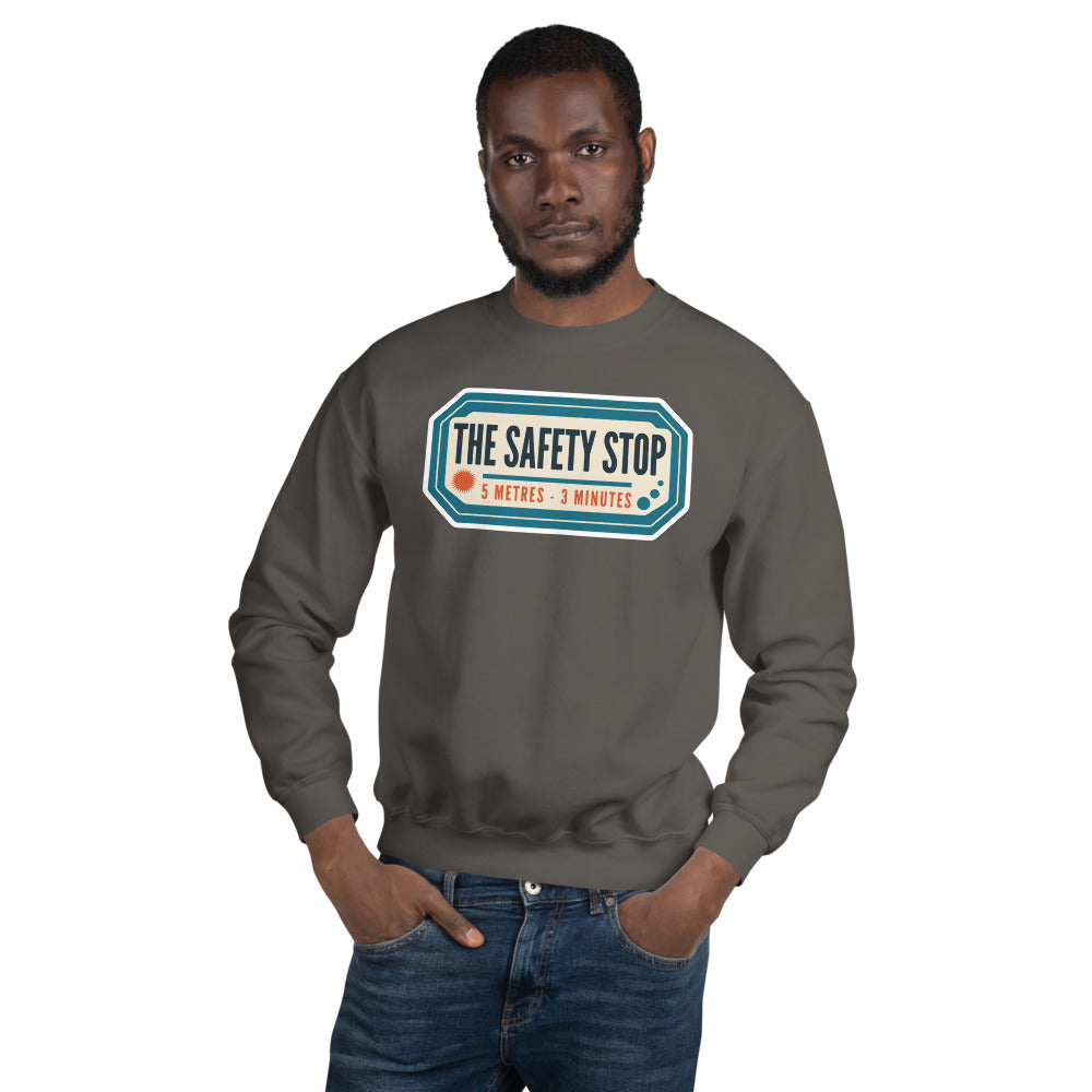 The Safety Stop vintage scuba diving travel decal sweatshirt — Charcoal, on model