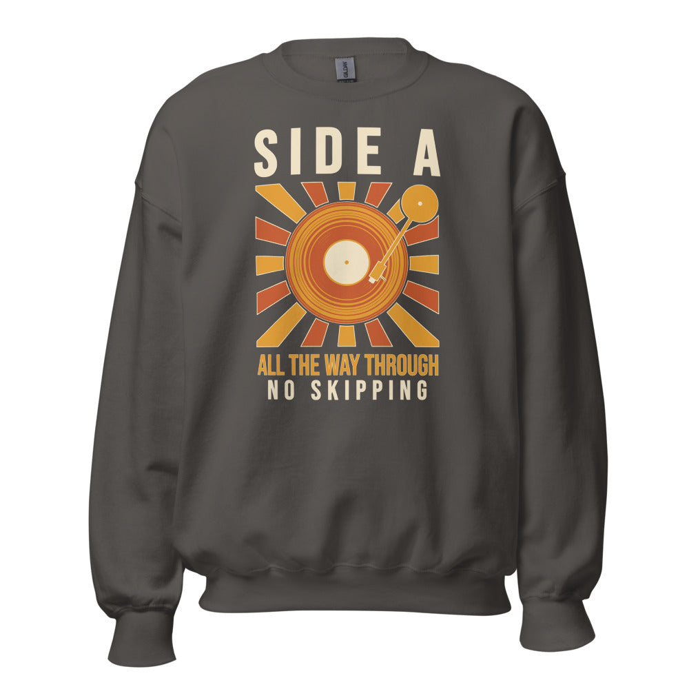 Side A No Skipping vinyl record crewneck sweatshirt — Charcoal, front