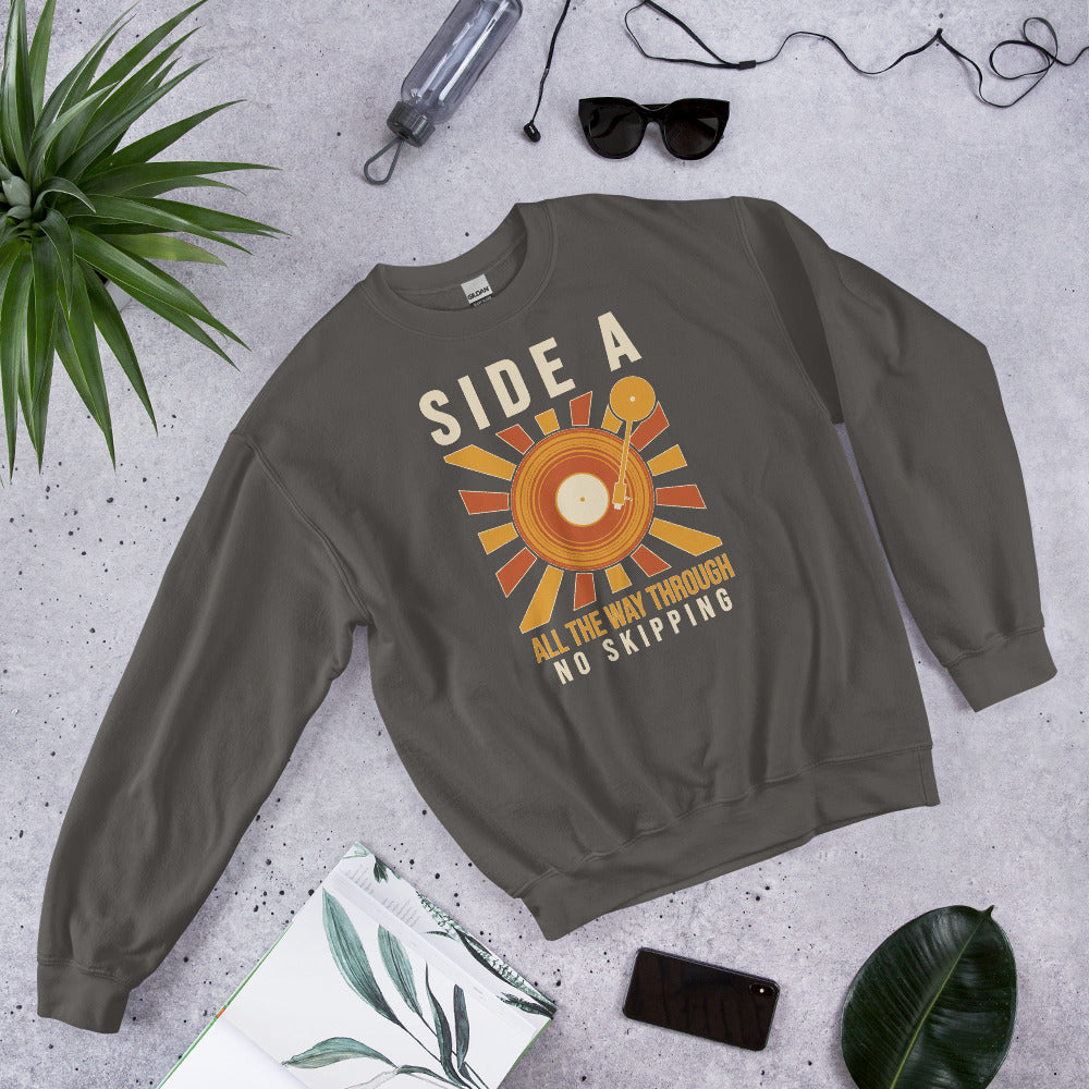 Side A No Skipping vinyl record crewneck sweatshirt — Charcoal, flat lay