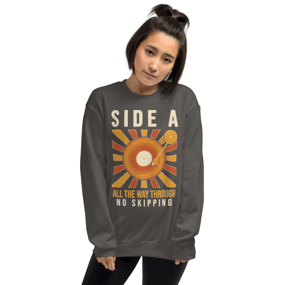 Side A No Skipping vinyl record crewneck sweatshirt — Charcoal, on model