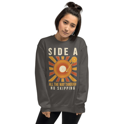 Side A No Skipping vinyl record crewneck sweatshirt — Charcoal, on model