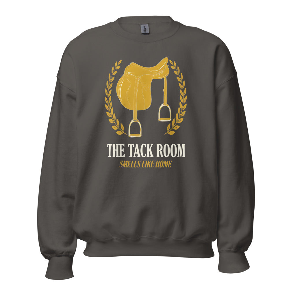 The Tack Room engraved equestrian saddle crest crewneck sweatshirt — Charcoal, front