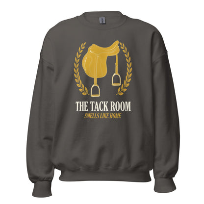 The Tack Room engraved equestrian saddle crest crewneck sweatshirt — Charcoal, front