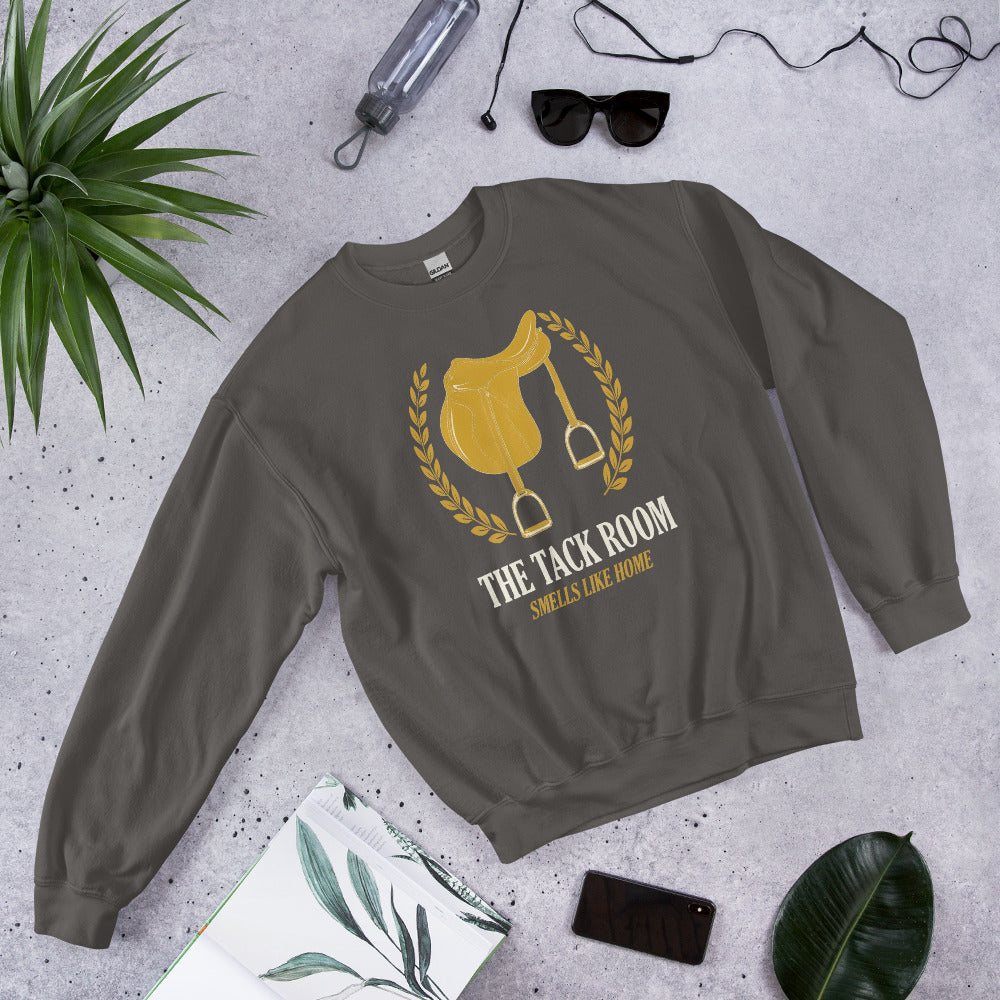 The Tack Room engraved equestrian saddle crest crewneck sweatshirt — Charcoal, flat lay