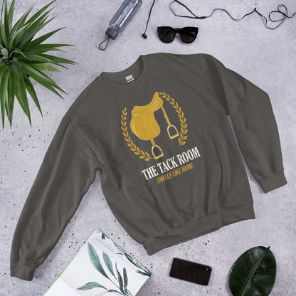 The Tack Room engraved equestrian saddle crest crewneck sweatshirt — Charcoal, flat lay