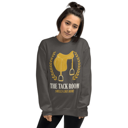 The Tack Room engraved equestrian saddle crest crewneck sweatshirt — Charcoal, on model
