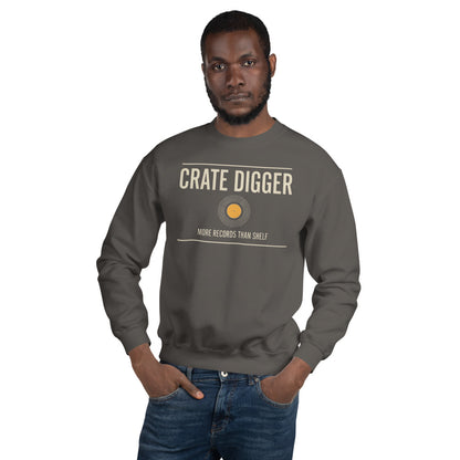 Crate Digger vinyl record crewneck sweatshirt — Charcoal, on model