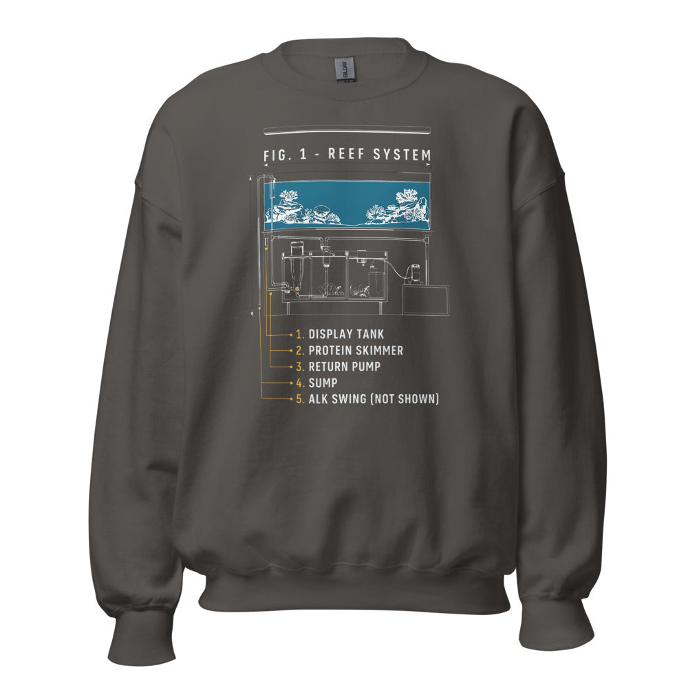Reef System technical cutaway saltwater aquarium crewneck sweatshirt — Charcoal, front
