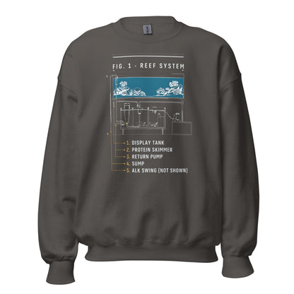 Reef System technical cutaway saltwater aquarium crewneck sweatshirt — Charcoal, front