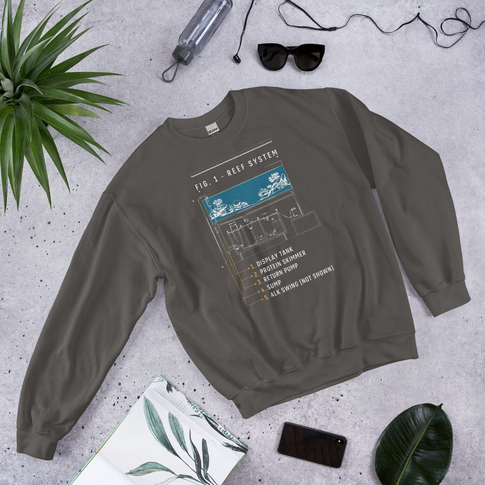 Reef System technical cutaway saltwater aquarium crewneck sweatshirt — Charcoal, flat lay
