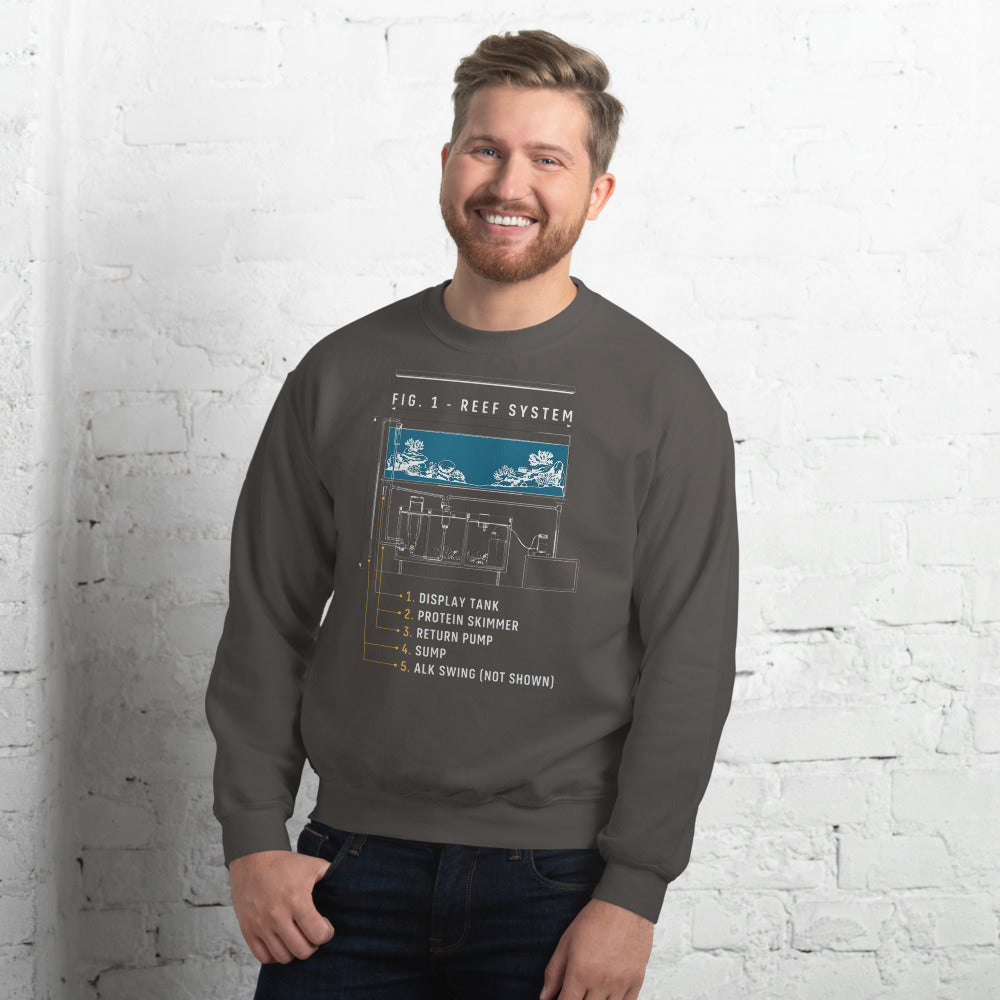 Reef System technical cutaway saltwater aquarium crewneck sweatshirt — Charcoal, on model