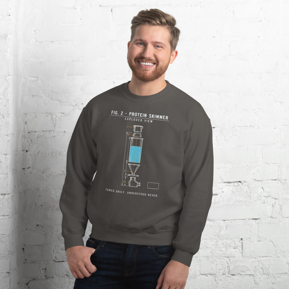 Protein Skimmer Exploded View reef tank saltwater aquarium crewneck sweatshirt — Charcoal, on model
