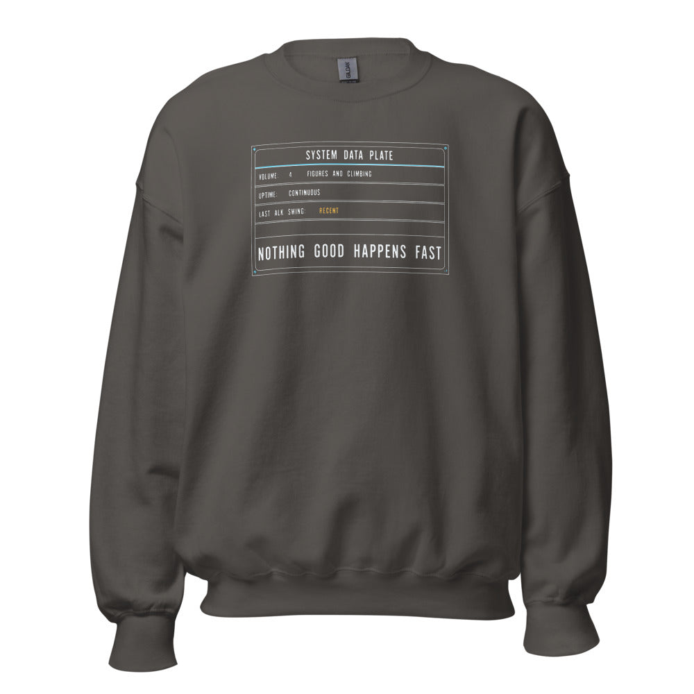 Nothing Good Happens Fast reef system data plate saltwater aquarium crewneck sweatshirt — Charcoal, front