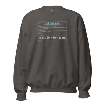Nothing Good Happens Fast reef system data plate saltwater aquarium crewneck sweatshirt — Charcoal, front