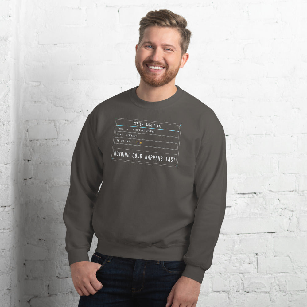 Nothing Good Happens Fast reef system data plate saltwater aquarium crewneck sweatshirt — Charcoal, on model
