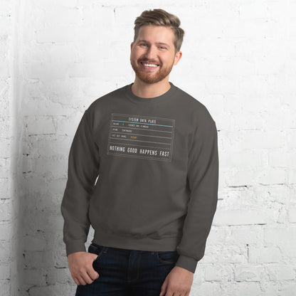 Nothing Good Happens Fast reef system data plate saltwater aquarium crewneck sweatshirt — Charcoal, on model