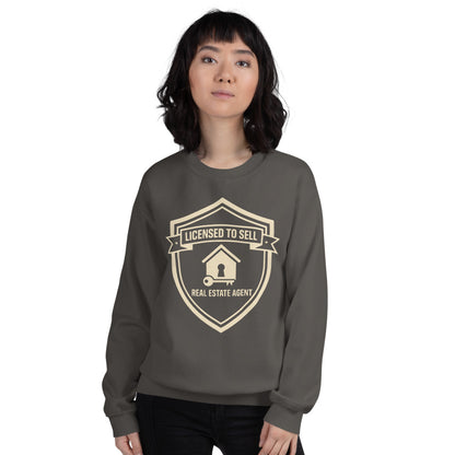 Licensed to Sell real estate agent crewneck sweatshirt — Charcoal, on model