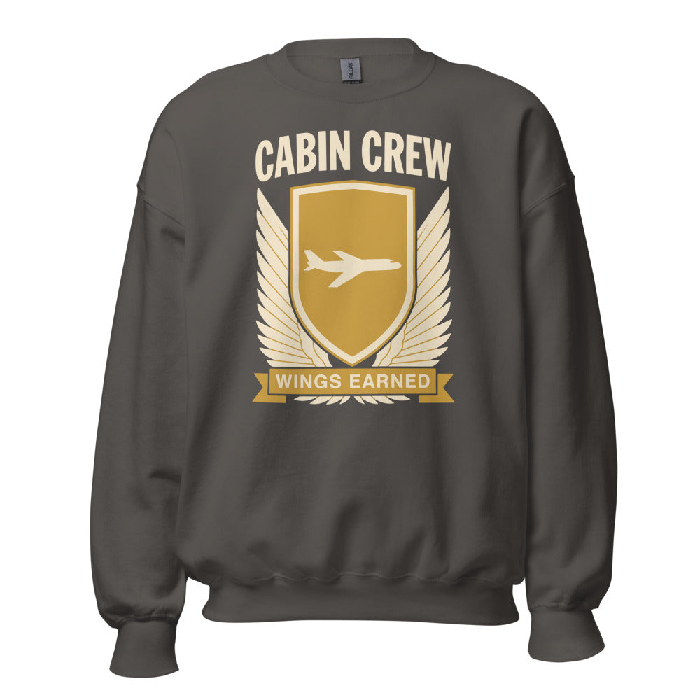 Wings Earned flight attendant crewneck sweatshirt — Charcoal, front