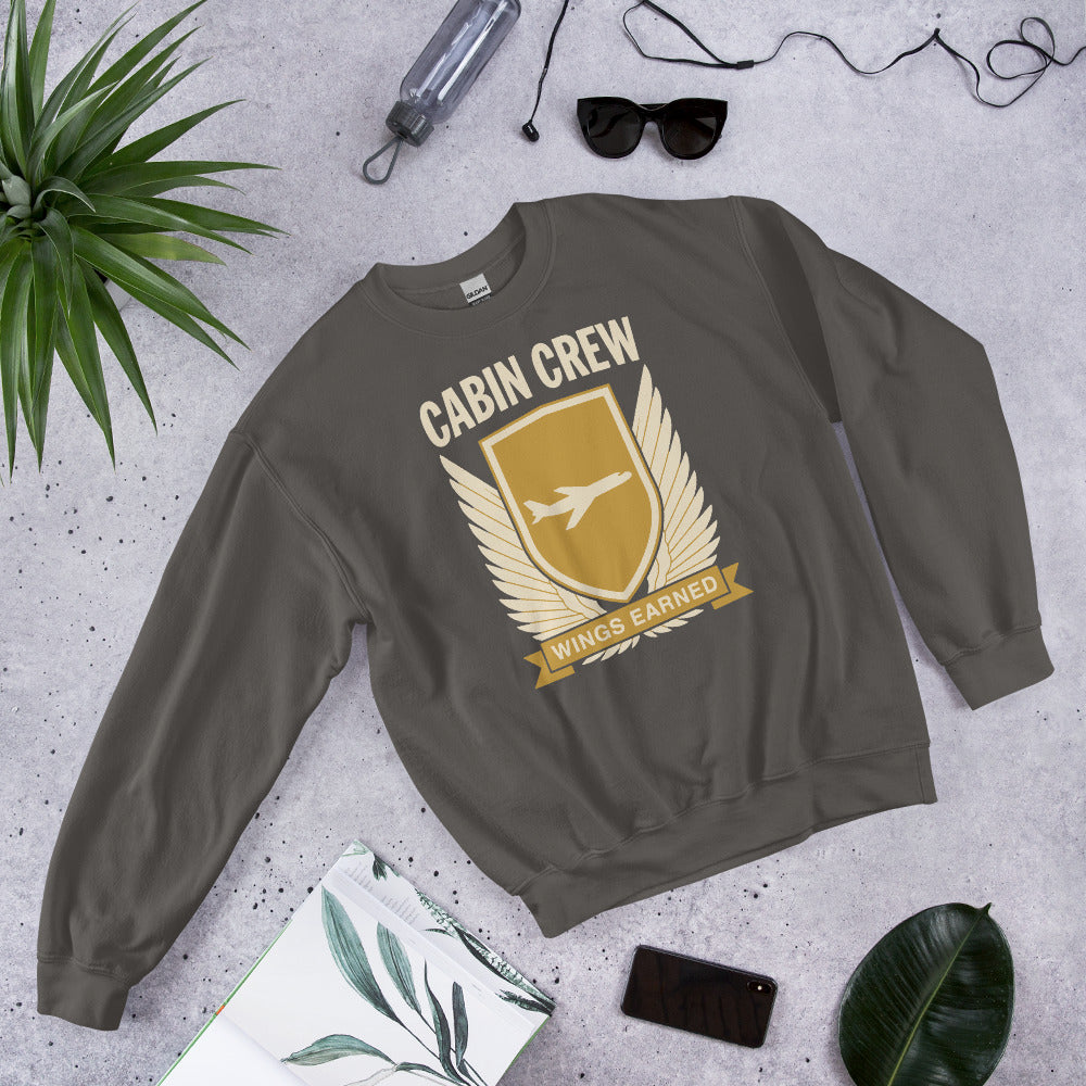 Wings Earned flight attendant crewneck sweatshirt — Charcoal, flat lay