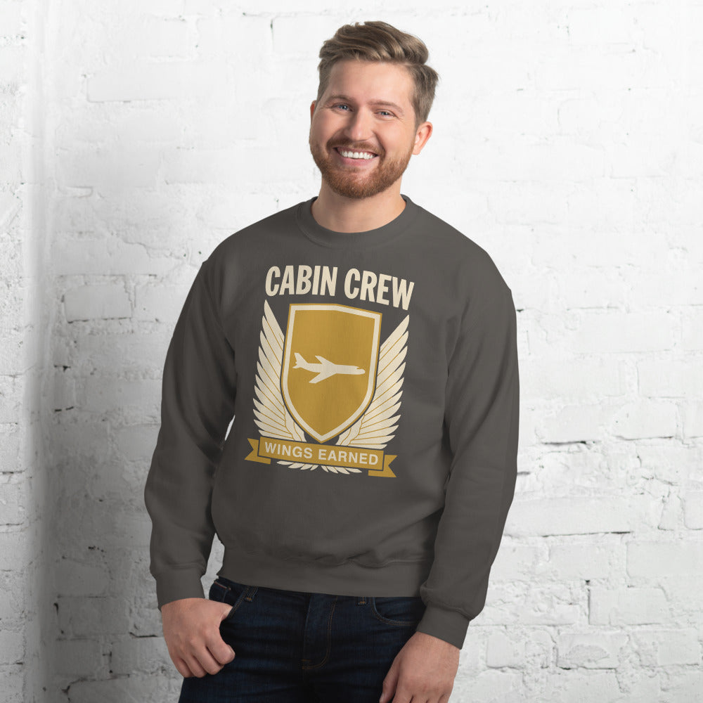 Wings Earned flight attendant crewneck sweatshirt — Charcoal, on model