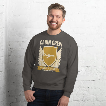 Wings Earned flight attendant crewneck sweatshirt — Charcoal, on model