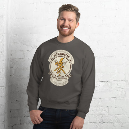 Electrician Journeyman trade crest crewneck — Charcoal, on model