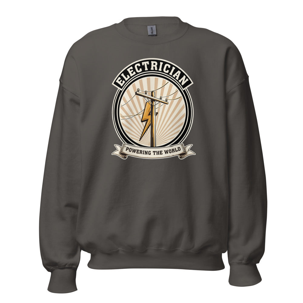 Powering The World electrician emblem crewneck — Charcoal, front