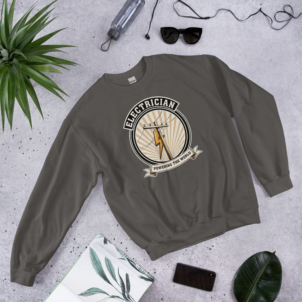 Powering The World electrician emblem crewneck — Charcoal, flat lay
