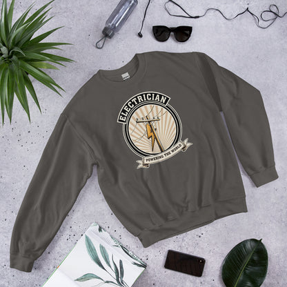 Powering The World electrician emblem crewneck — Charcoal, flat lay