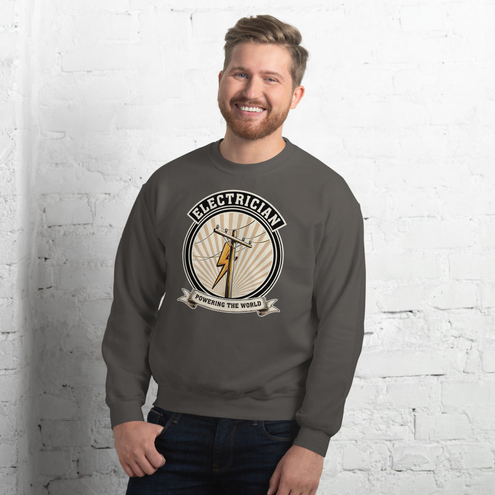 Powering The World electrician emblem crewneck — Charcoal, on model