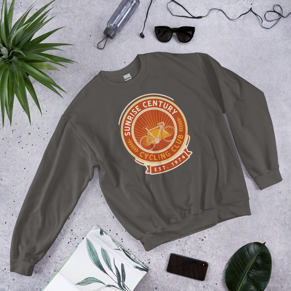 Sunrise Century C.C. retro cycling club badge crewneck — Charcoal, flat lay