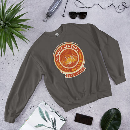 Sunrise Century C.C. retro cycling club badge crewneck — Charcoal, flat lay