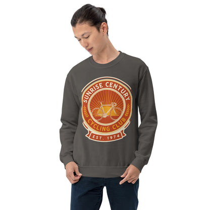 Sunrise Century C.C. retro cycling club badge crewneck — Charcoal, on model