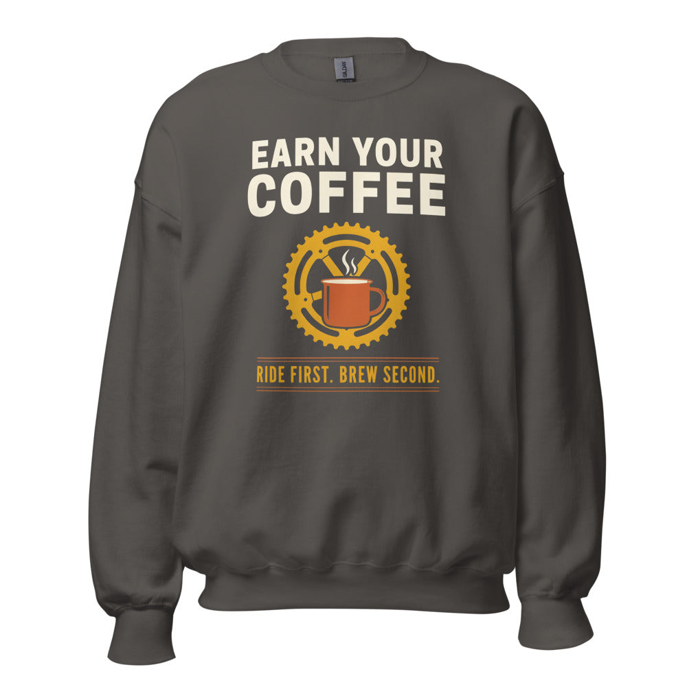 Earn Your Coffee retro cycling coffee crewneck — Charcoal, front