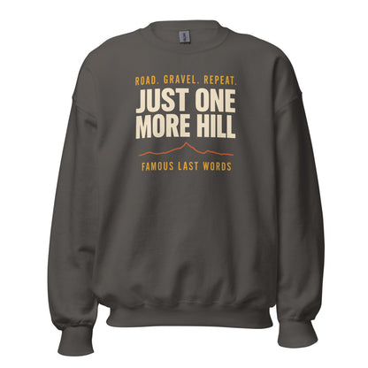 Just One More Hill retro cycling climb crewneck — Charcoal, front