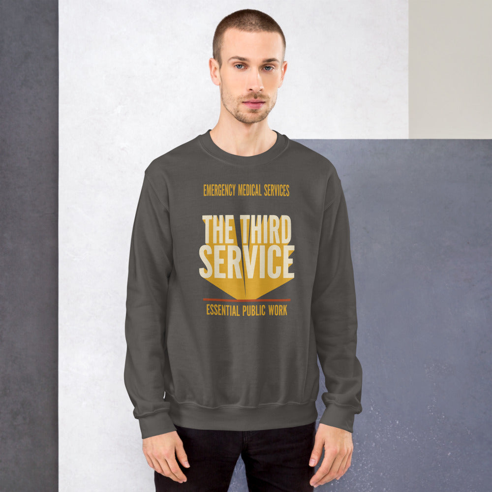 The Third Service EMS crewneck sweatshirt — Charcoal, on model