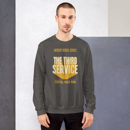 The Third Service EMS crewneck sweatshirt — Charcoal, on model