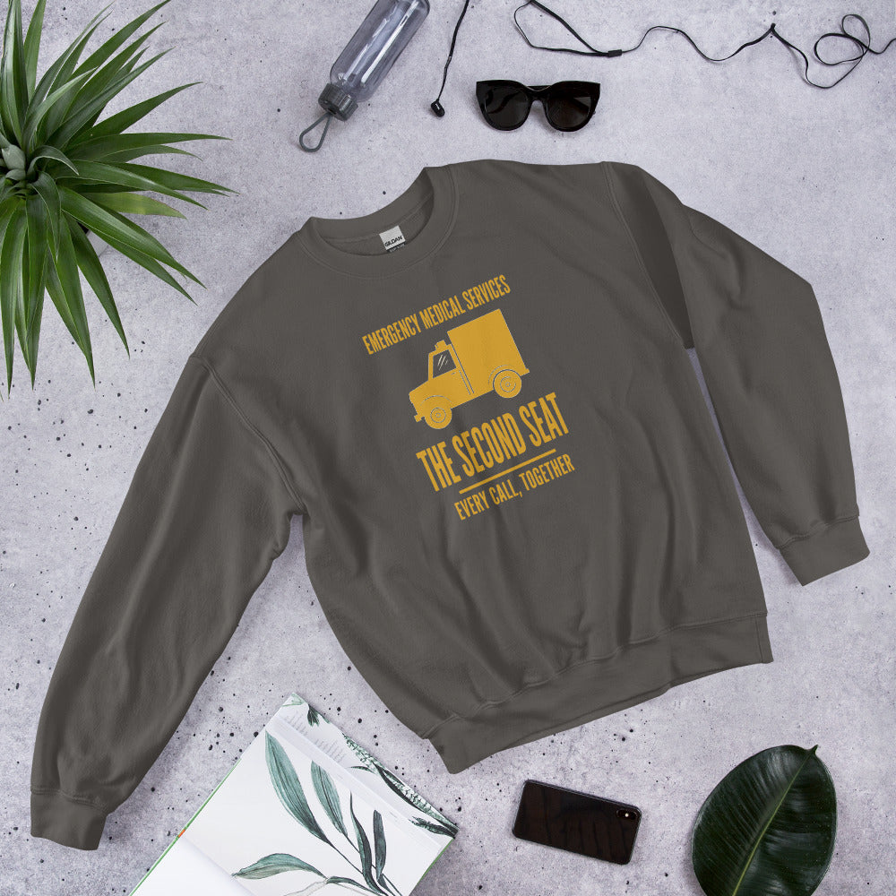 The Second Seat EMS paramedic crewneck — Charcoal, flat lay