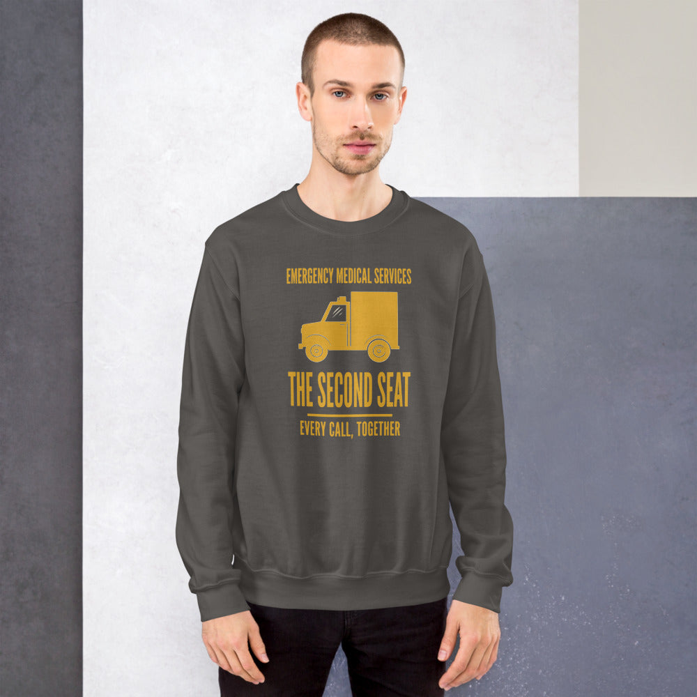 The Second Seat EMS paramedic crewneck — Charcoal, on model